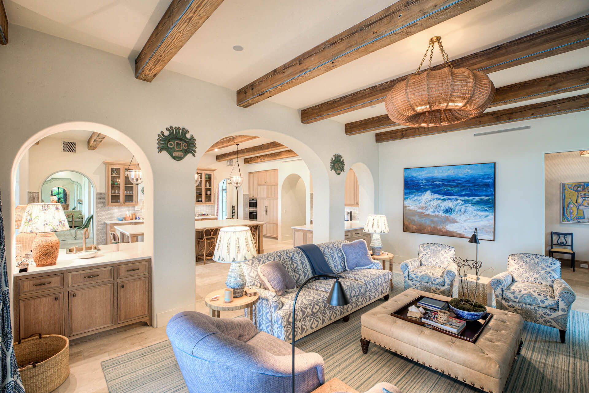 Living room with wood beams and high end furnishings