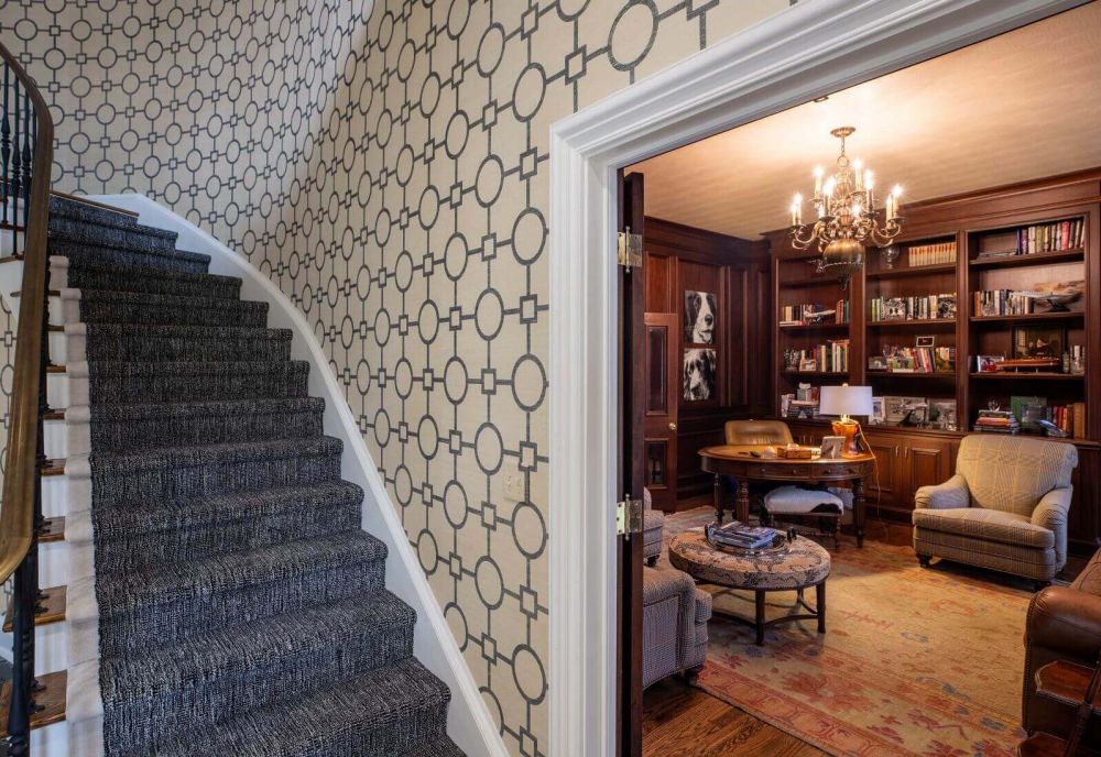 new construction foyer and library in home